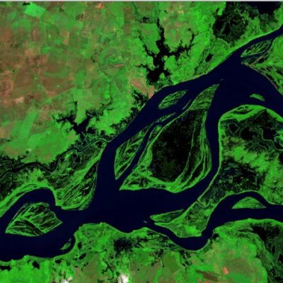 Fig. 2: Imagen del satélite Sentinel-2 del 18/07/2017. Río Orinoco en Barrancas del Orinoco. Detalle de las inundaciones.