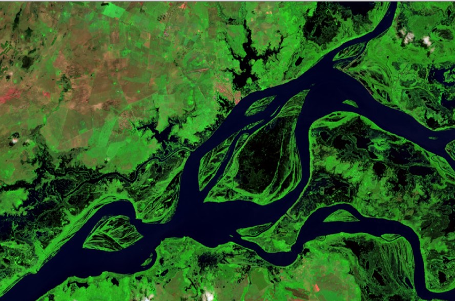 Fig. 2: Imagen del satélite Sentinel-2 del 18/07/2017. Río Orinoco en Barrancas del Orinoco. Detalle de las inundaciones.