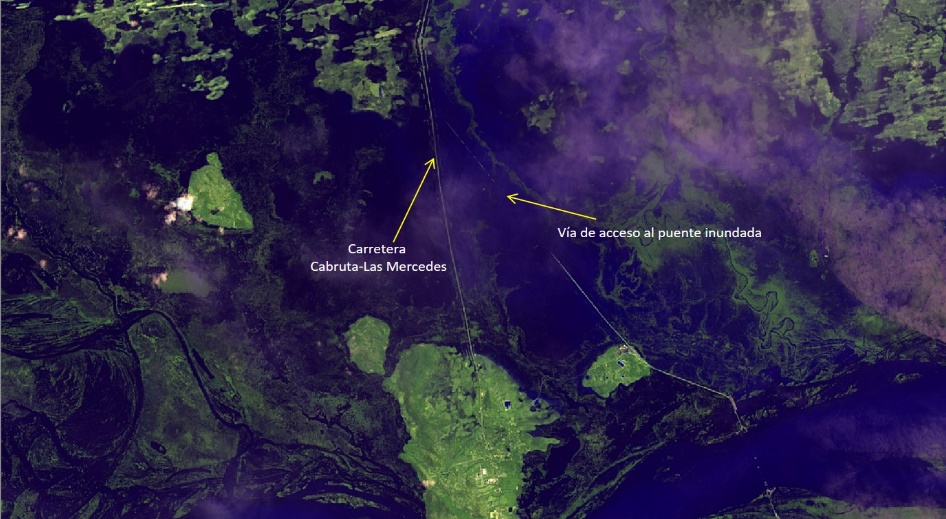 Fig. 5: Satélite Landsat-8, del 02/08/2017. Inundación en los alrededores de Cabruta.